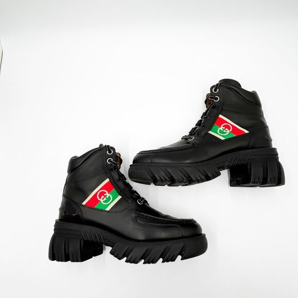 Gucci GG Web Stripe Lug Sole Black Leather Quebec Combat Boots Size 39, 9 - Picture 7 of 12